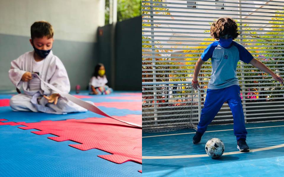 Crianças praticando esportes na escola.